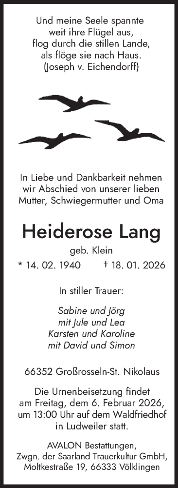  Traueranzeige für Heiderose Lang vom 24.01.2026 aus saarbruecker_zeitung