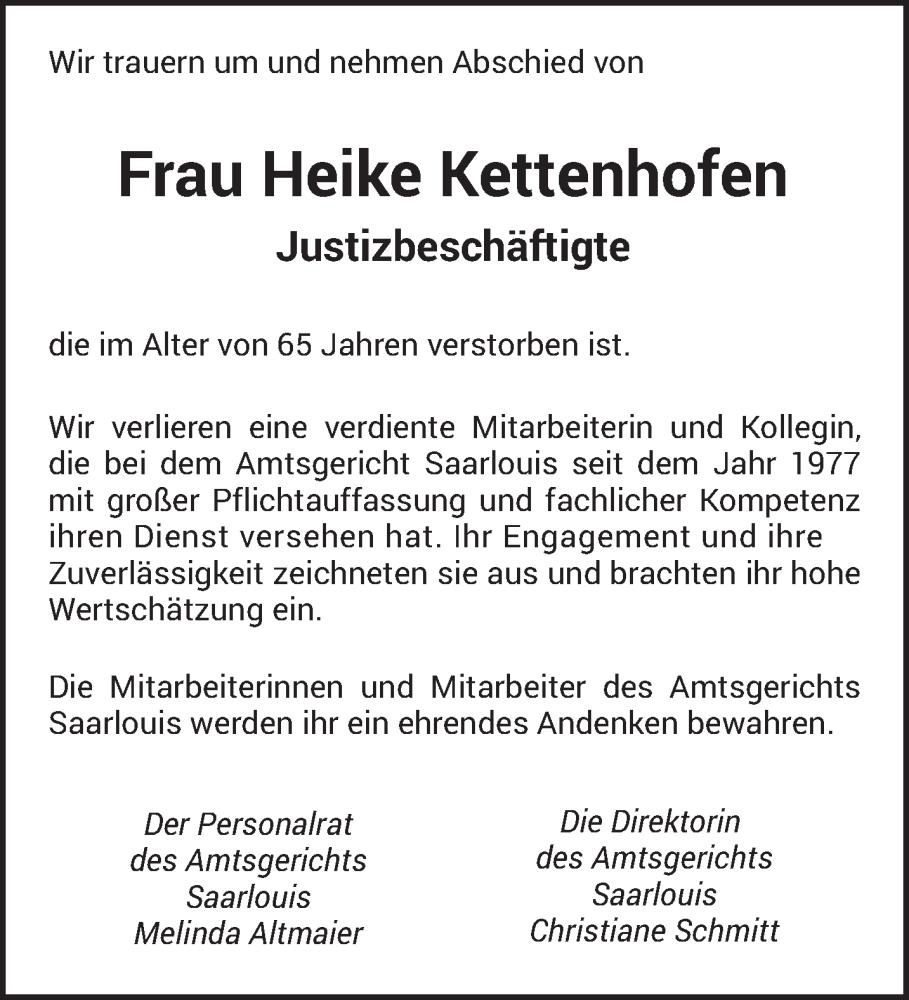  Traueranzeige für Heike Kettenhofen vom 31.01.2026 aus saarbruecker_zeitung