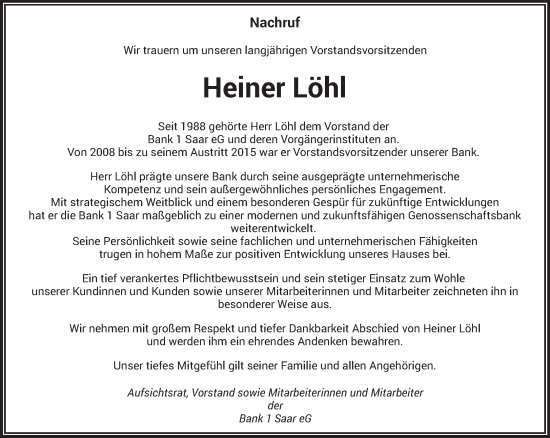Traueranzeige von Heiner Löhl von saarbruecker_zeitung