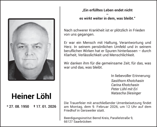 Traueranzeige von Heiner Löhl von saarbruecker_zeitung