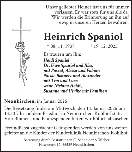 Traueranzeige von Heinrich Spaniol von saarbruecker_zeitung