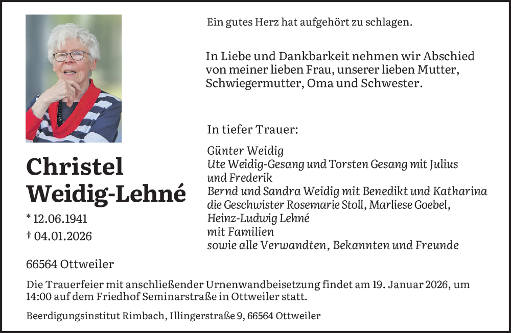  Traueranzeige für Christel Weidig-Lehne vom 10.01.2026 aus saarbruecker_zeitung