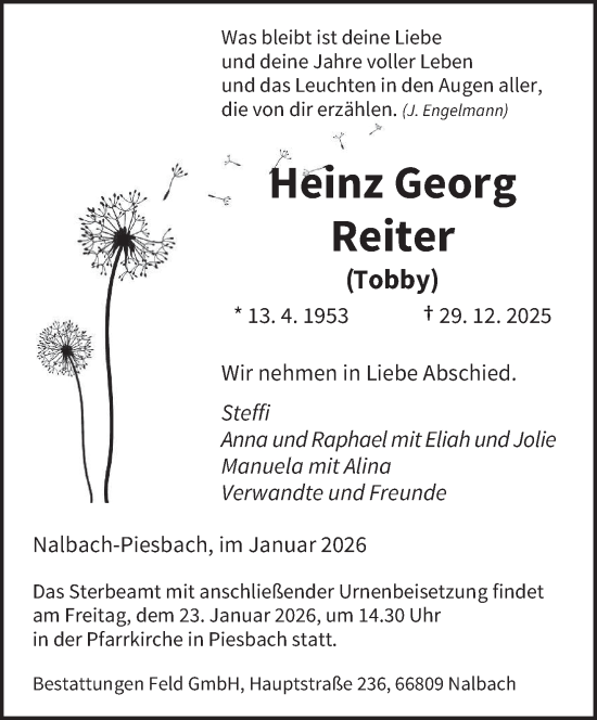 Traueranzeige von Heinz Georg Reiter von saarbruecker_zeitung