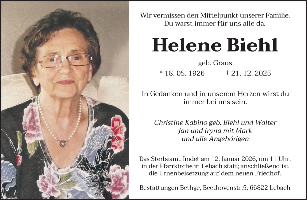  Traueranzeige für Helene Biehl vom 03.01.2026 aus saarbruecker_zeitung