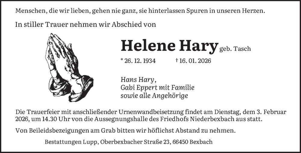  Traueranzeige für Helene Hary vom 31.01.2026 aus saarbruecker_zeitung