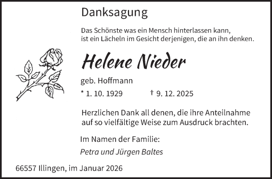 Traueranzeige von Helene Nieder von saarbruecker_zeitung