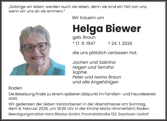 Traueranzeige von Helga Biewer von saarbruecker_zeitung