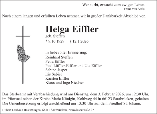 Traueranzeige von Helga Eiffler von saarbruecker_zeitung