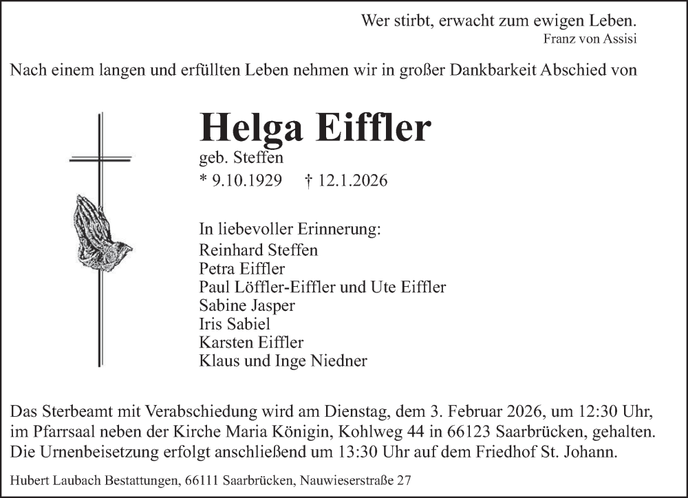  Traueranzeige für Helga Eiffler vom 24.01.2026 aus saarbruecker_zeitung