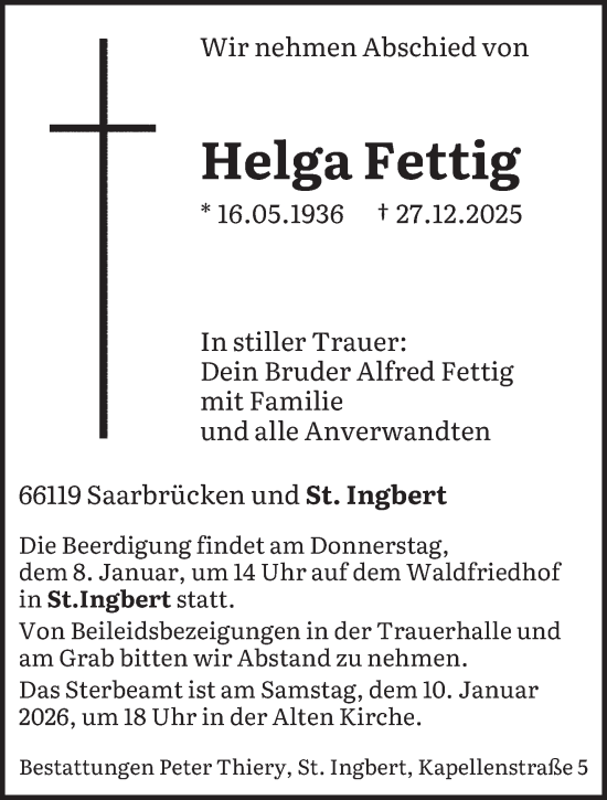 Traueranzeige von Helga Fettig von saarbruecker_zeitung
