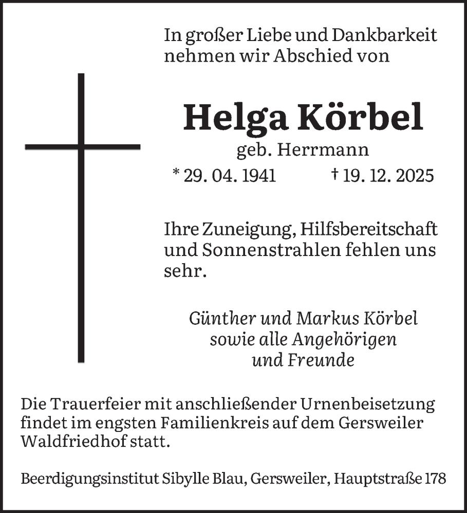  Traueranzeige für Helga Körbel vom 03.01.2026 aus saarbruecker_zeitung