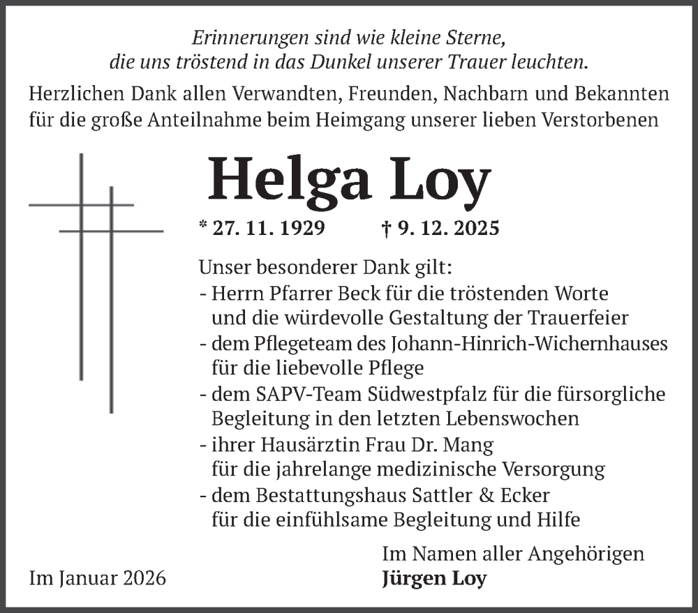  Traueranzeige für Helga Loy vom 03.01.2026 aus saarbruecker_zeitung