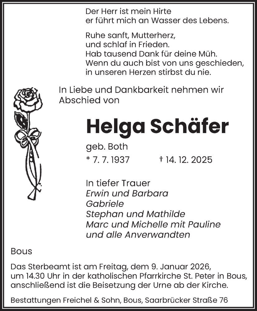  Traueranzeige für Helga Schäfer vom 03.01.2026 aus saarbruecker_zeitung