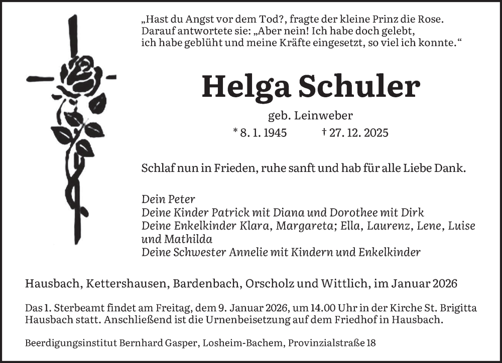 Traueranzeige für Helga Schuler vom 03.01.2026 aus saarbruecker_zeitung