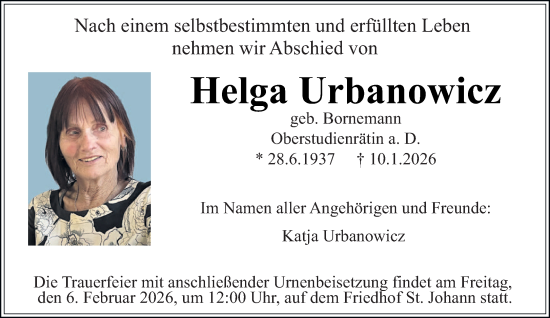 Traueranzeige von Helga Urbanowicz von saarbruecker_zeitung