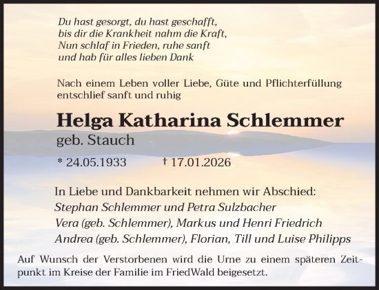 Traueranzeige von Helga Katharina Schlemmer von saarbruecker_zeitung