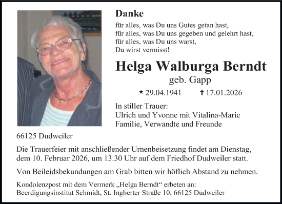 Traueranzeige von Helga Walburga Berndt von saarbruecker_zeitung