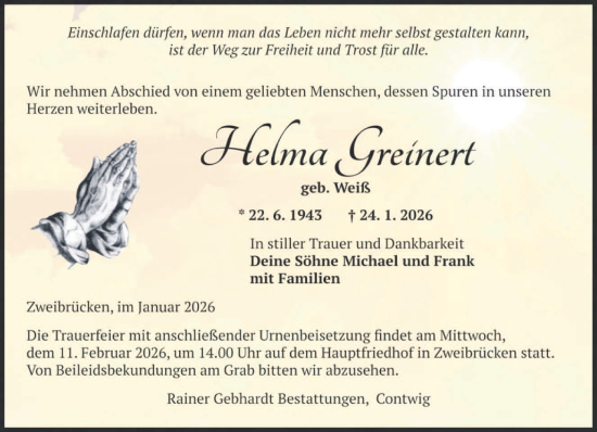 Traueranzeige von Helma Greinert von saarbruecker_zeitung