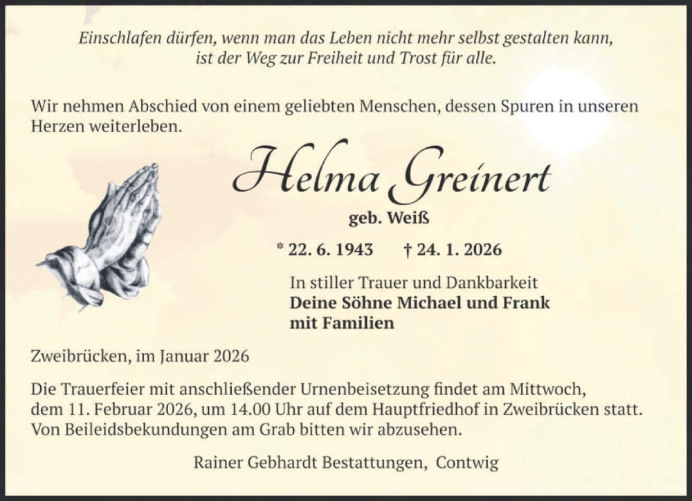  Traueranzeige für Helma Greinert vom 31.01.2026 aus saarbruecker_zeitung