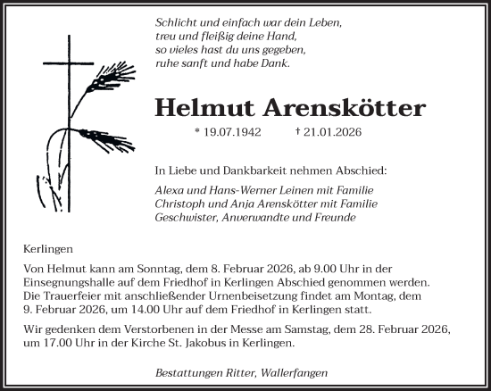 Traueranzeige von Helmut Arenskötter von saarbruecker_zeitung