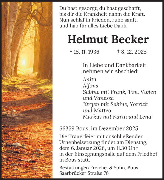 Traueranzeige von Helmut Becker von saarbruecker_zeitung