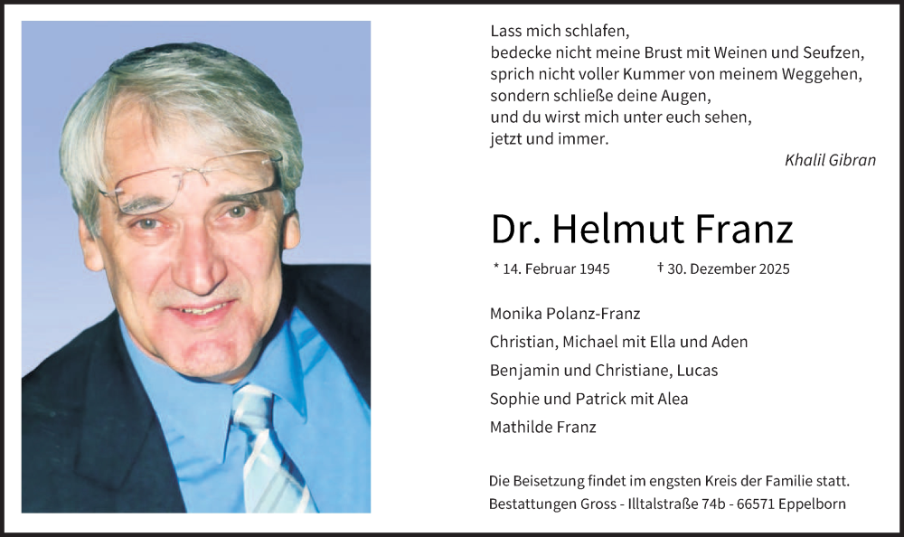  Traueranzeige für Helmut Franz vom 03.01.2026 aus saarbruecker_zeitung