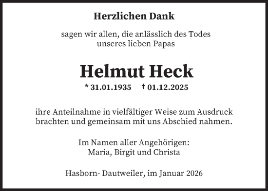 Traueranzeige von Helmut Heck von saarbruecker_zeitung