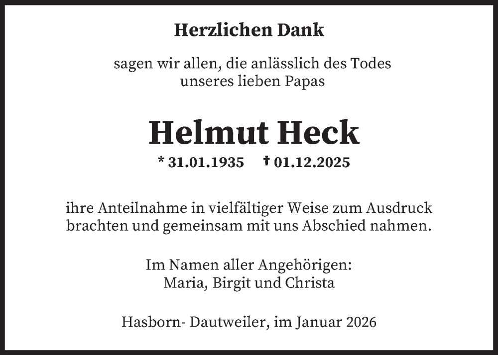  Traueranzeige für Helmut Heck vom 10.01.2026 aus saarbruecker_zeitung