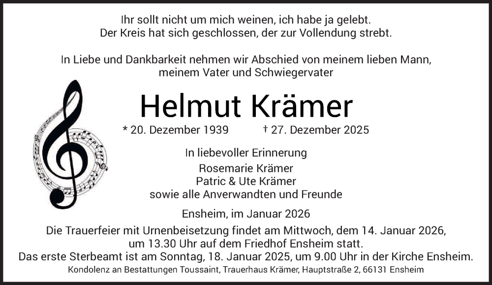  Traueranzeige für Helmut Krämer vom 03.01.2026 aus saarbruecker_zeitung