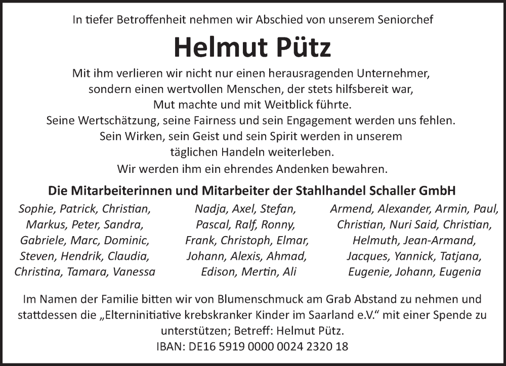  Traueranzeige für Helmut Pütz vom 31.01.2026 aus saarbruecker_zeitung