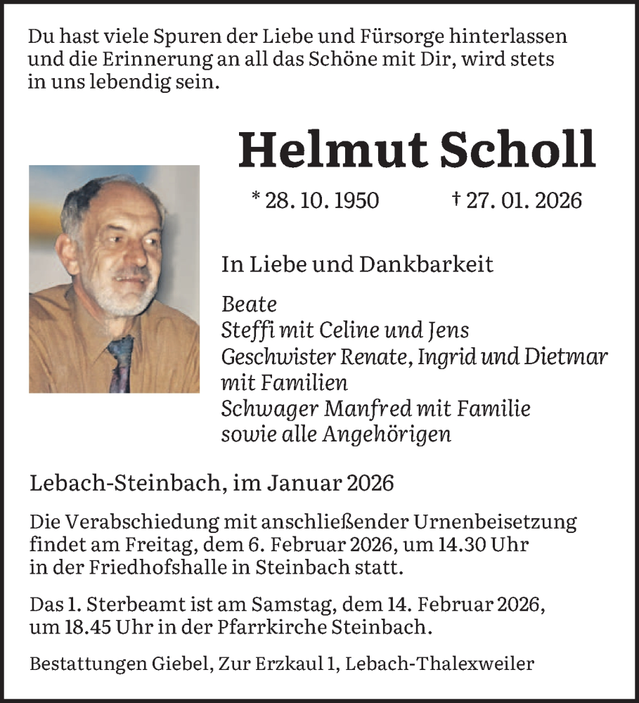  Traueranzeige für Helmut Scholl vom 31.01.2026 aus saarbruecker_zeitung
