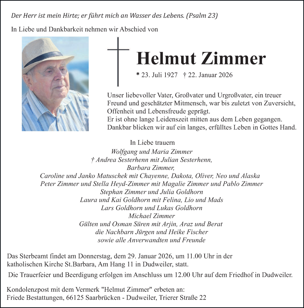  Traueranzeige für Helmut Zimmer vom 28.01.2026 aus saarbruecker_zeitung