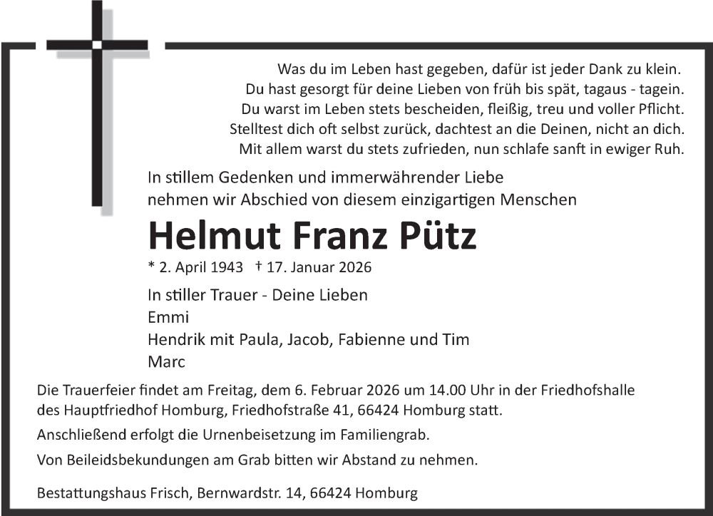  Traueranzeige für Helmut Franz Pütz vom 24.01.2026 aus saarbruecker_zeitung