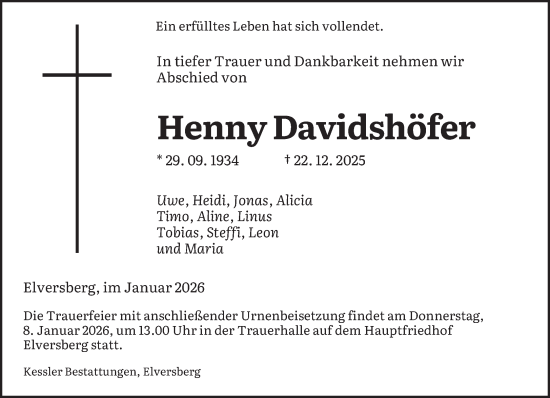 Traueranzeige von Henny Davidshöfer von saarbruecker_zeitung