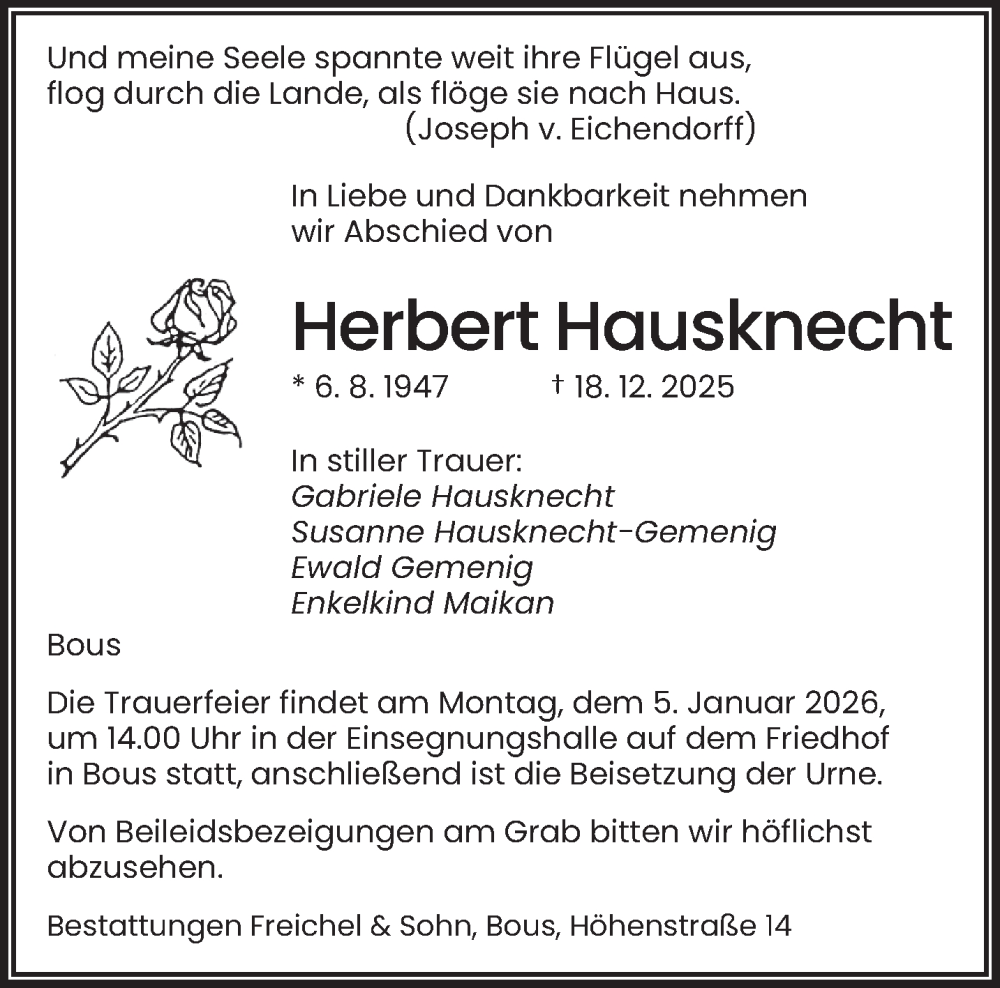  Traueranzeige für Herbert Hausknecht vom 31.12.2025 aus saarbruecker_zeitung