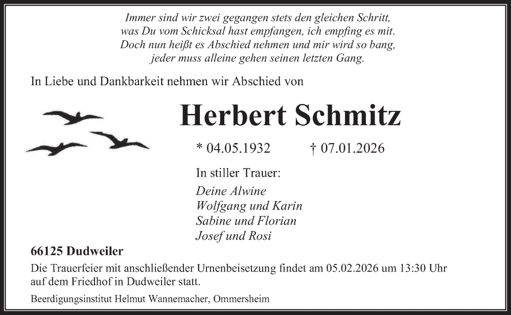  Traueranzeige für Herbert Schmitz vom 31.01.2026 aus saarbruecker_zeitung