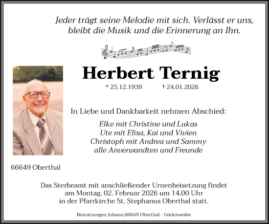 Traueranzeige von Herbert Ternig von saarbruecker_zeitung