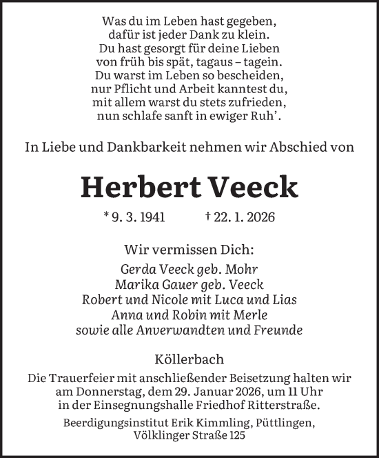 Traueranzeige von Herbert Veeck von saarbruecker_zeitung