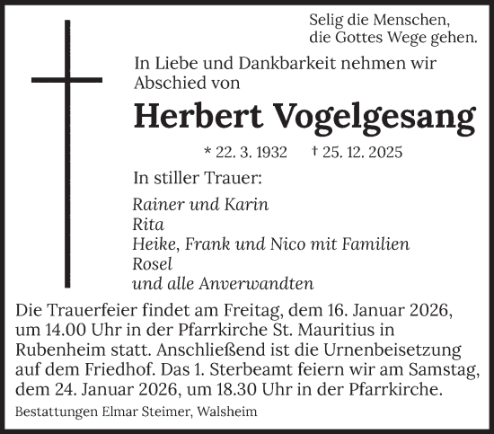 Traueranzeige von Herbert Vogelgesang von saarbruecker_zeitung
