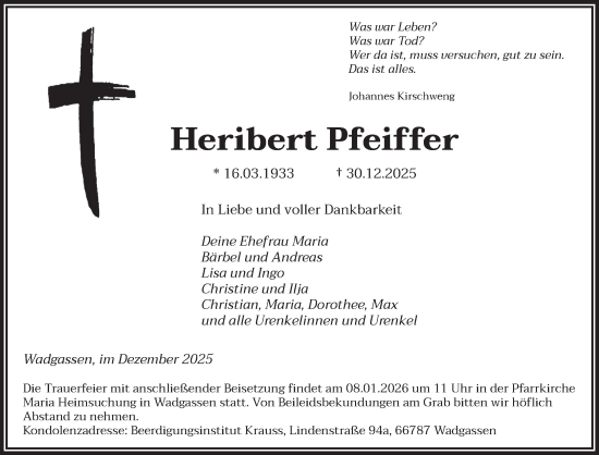 Traueranzeige von Heribert Pfeiffer von saarbruecker_zeitung