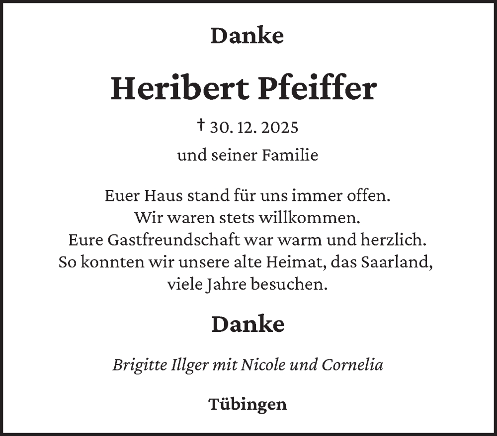  Traueranzeige für Heribert Pfeiffer vom 14.01.2026 aus saarbruecker_zeitung