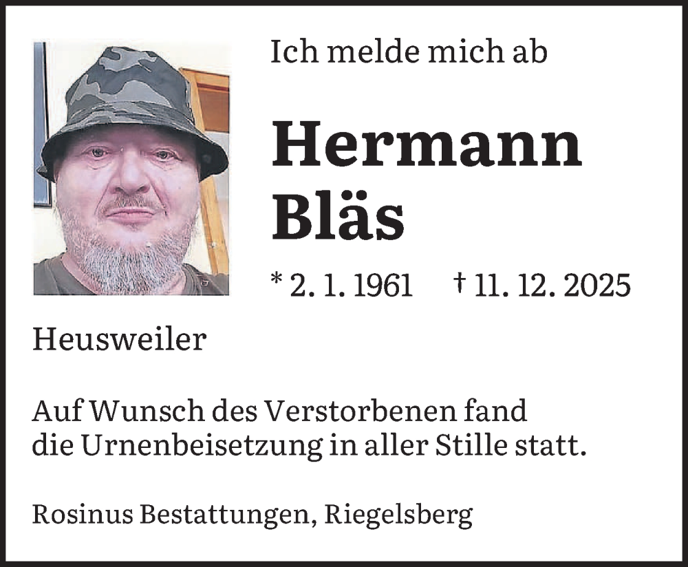  Traueranzeige für Hermann Bläs vom 31.12.2025 aus saarbruecker_zeitung