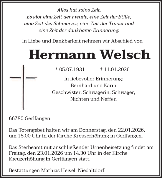 Traueranzeige von Hermann Welsch von saarbruecker_zeitung