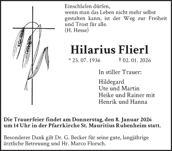 Traueranzeige von Hilarius Flierl von saarbruecker_zeitung