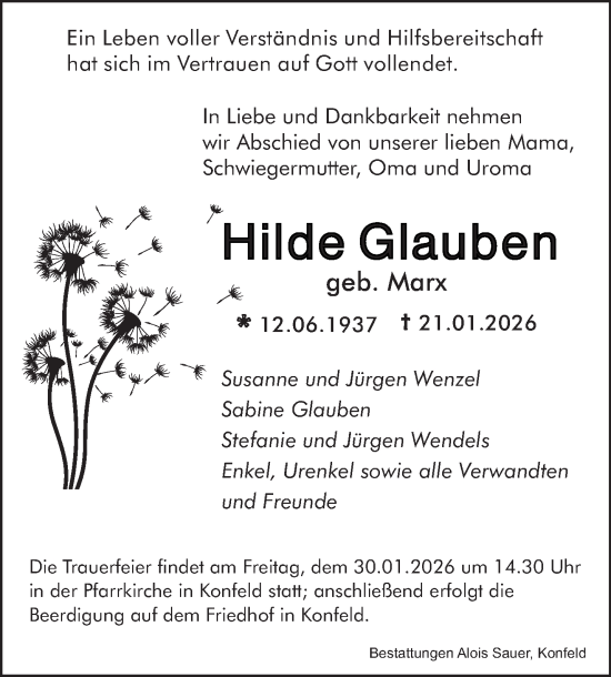 Traueranzeige von Hilde Glauben von saarbruecker_zeitung