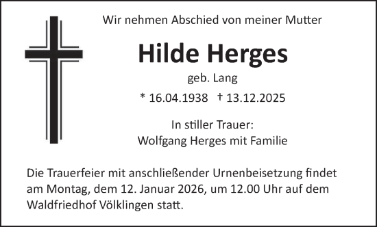 Traueranzeige von Hilde Herges von saarbruecker_zeitung