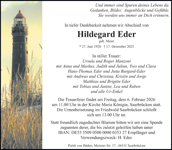Traueranzeige von Hildegard Eder von saarbruecker_zeitung