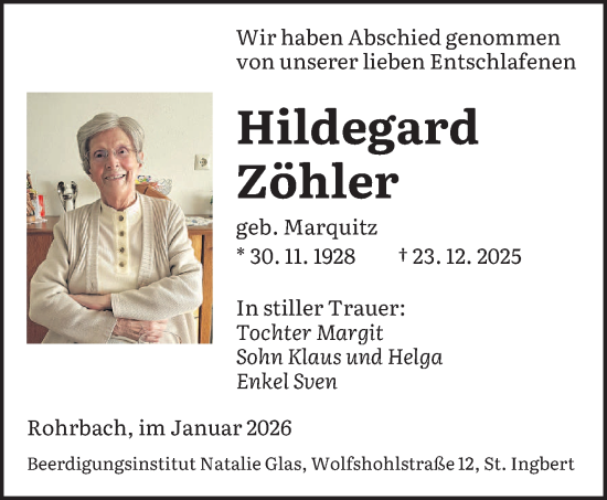 Traueranzeige von Hildegard Zöhler von saarbruecker_zeitung