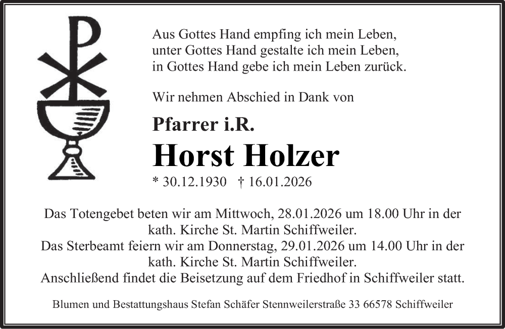  Traueranzeige für Horst Holzer vom 24.01.2026 aus saarbruecker_zeitung
