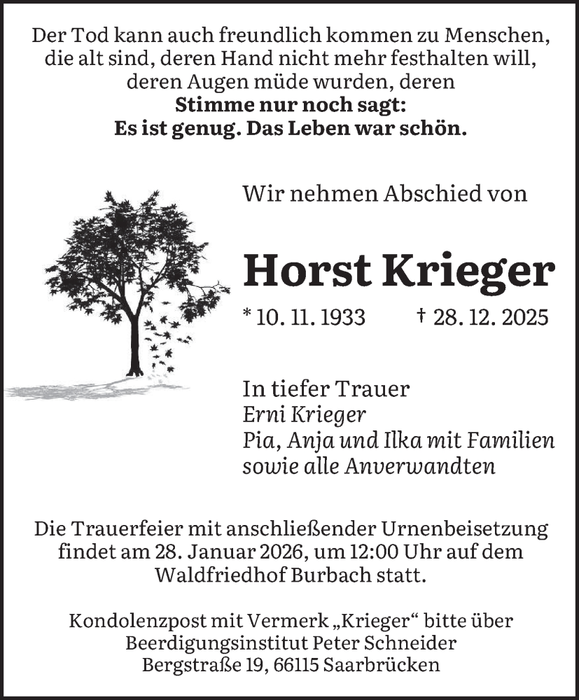  Traueranzeige für Horst Krieger vom 24.01.2026 aus saarbruecker_zeitung